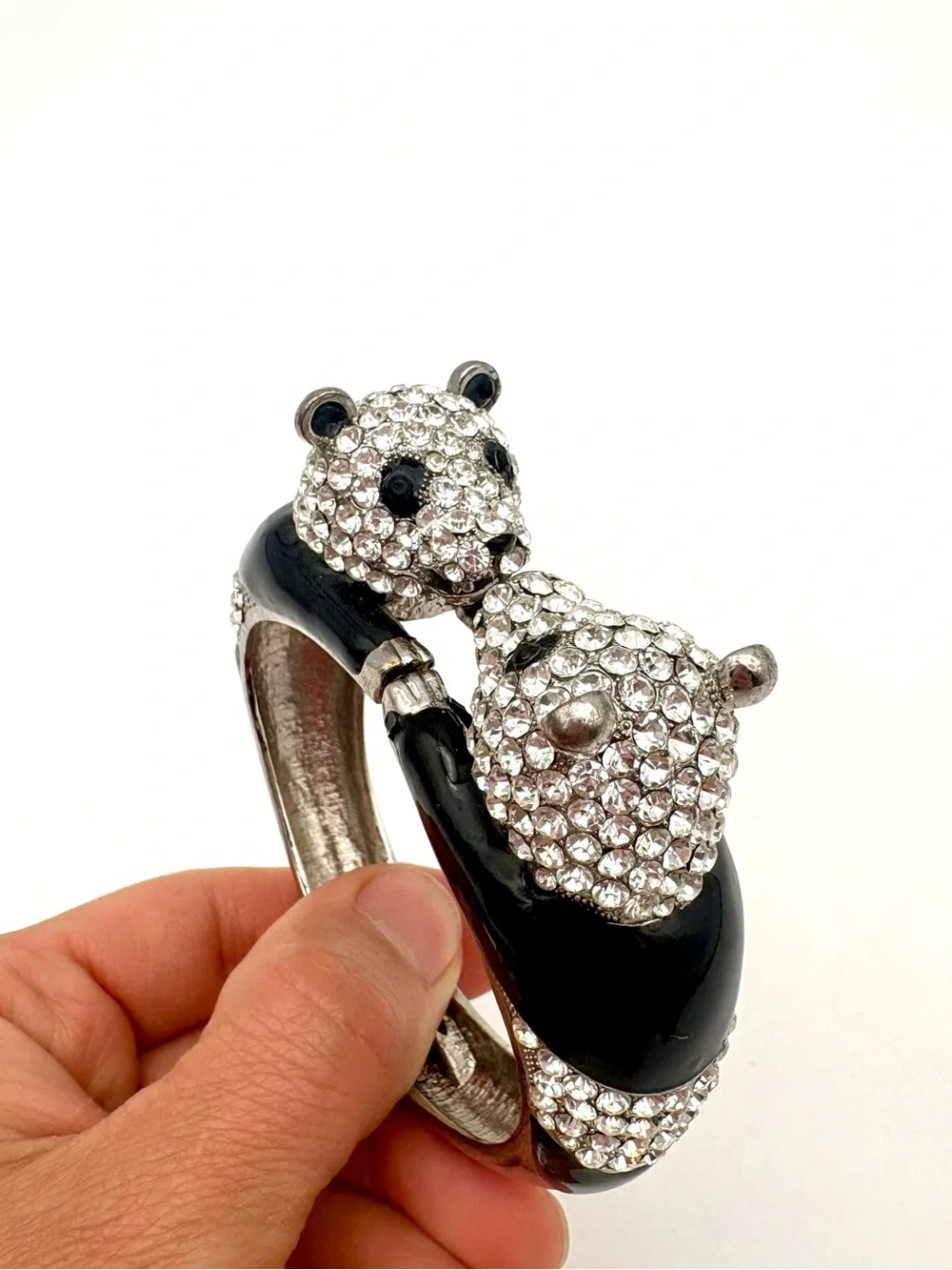 Vintage Rhinestone & Enamel Double Panda Cuff Bracelet